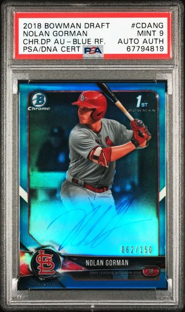 2018 Bowman Draft Nolan Gorman Chrome Draft Picks Autographs Blue Refractor #CDA-NG card image