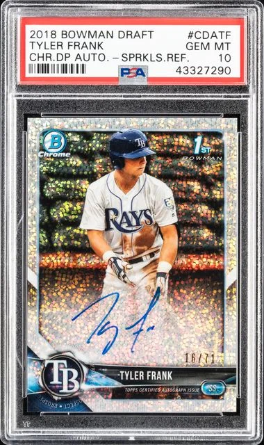 2018 Bowman Draft Tyler Frank Chrome Draft Picks Autographs Sparkles Refractor #CDATF card image