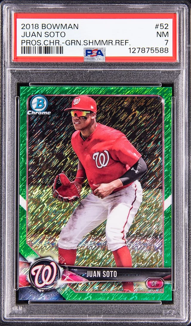 2018 Bowman Juan Soto Prospect Chrome Green SHimmer Refractor #52 card image