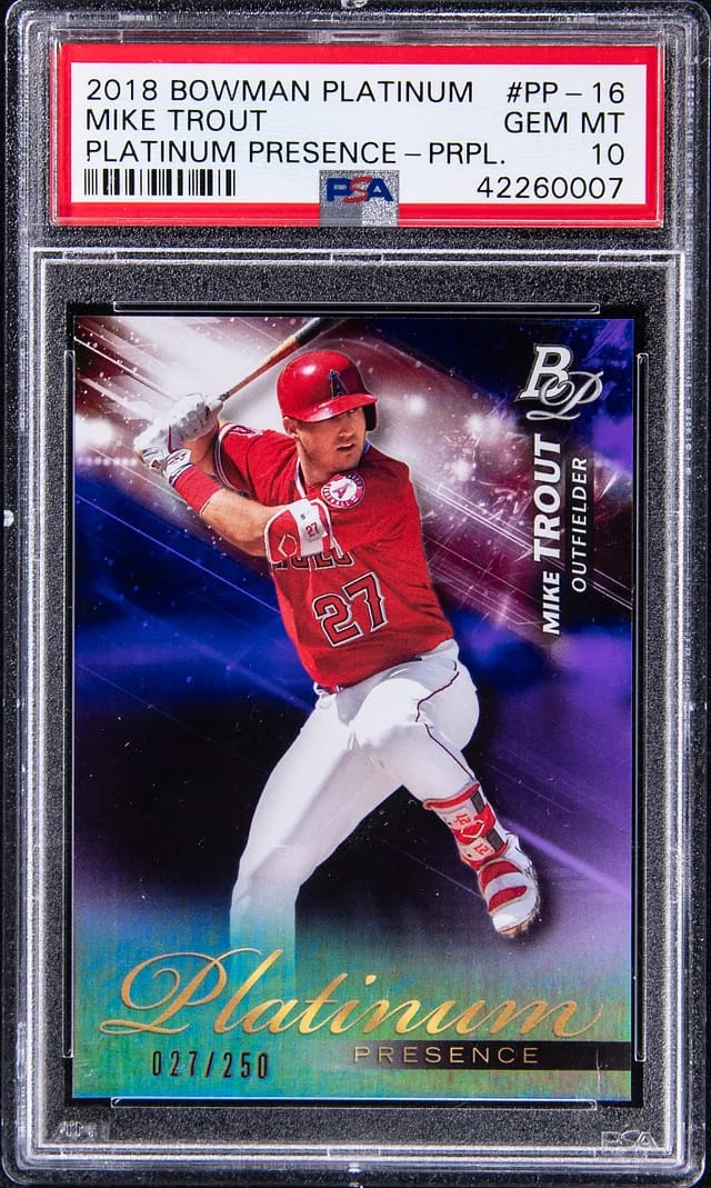 2018 Bowman Platinum Mike Trout Presence Purple #PP-16 card image