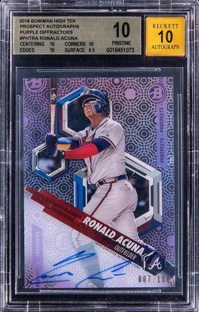 2018 Bowman Ronald Acuna Jr. High Tek Prospect Autographs Purple Diffractors #PHT-RA card image