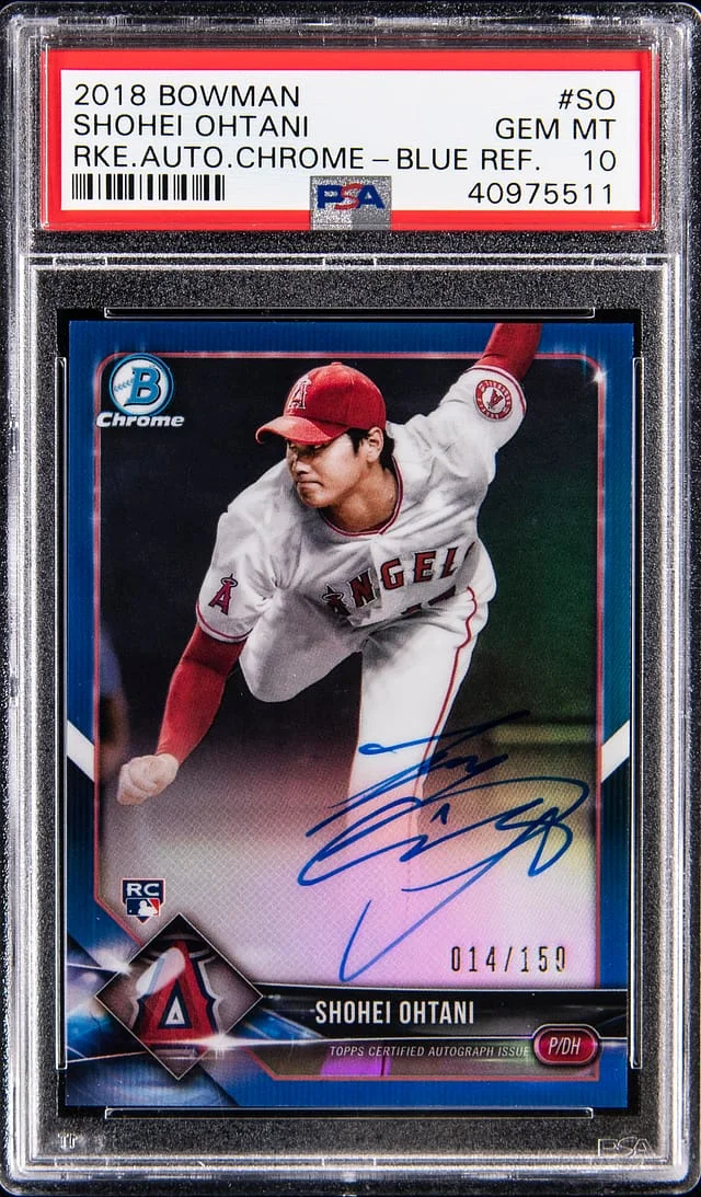 2018 Bowman Shohei Ohtani Autographs Chrome Blue Refractor #CRA-SO card image