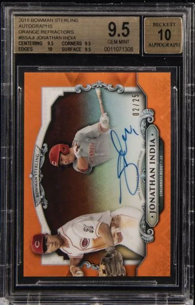 2018 Bowman Sterling Jonathan India Autographs Orange Refractors #BSA-JI card image