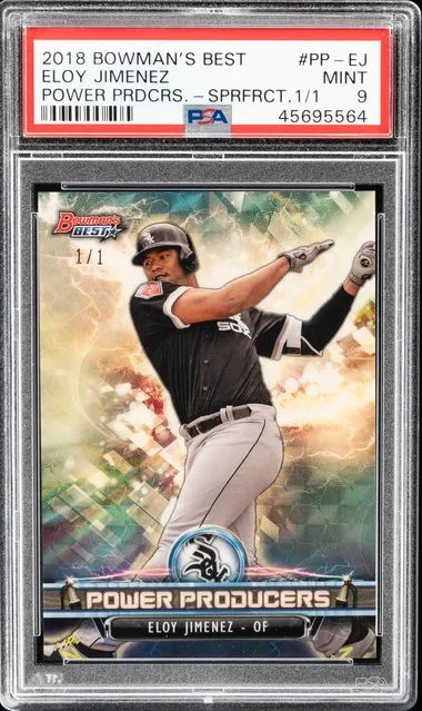 2018 Bowman's Best Eloy Jimenez Power Producers Superfractor #PP-EJ card image