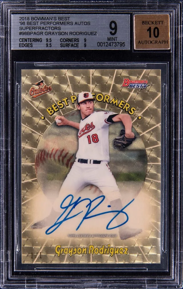 2018 Bowman's Best Grayson Rodriguez 98 Best Performers Autograph Superfractor #98BPA-GR card image
