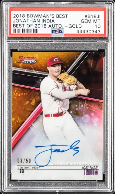 2018 Bowman's Best Jonathan India Best Of 2018 Autographs Gold #B18JI card image