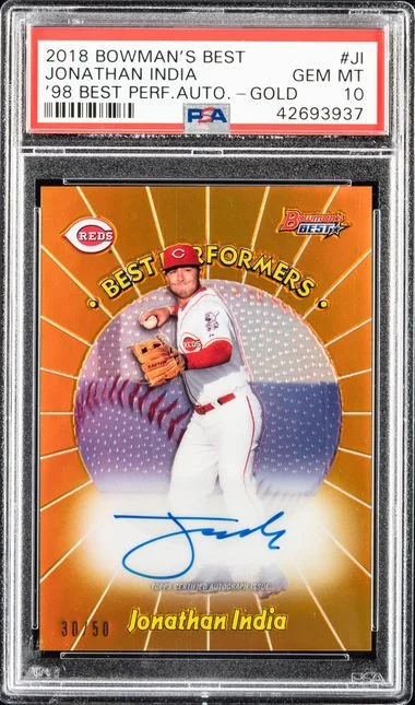 2018 Bowman's Best Jonathan India 1998 Best Performers Autographs Gold #JI card image