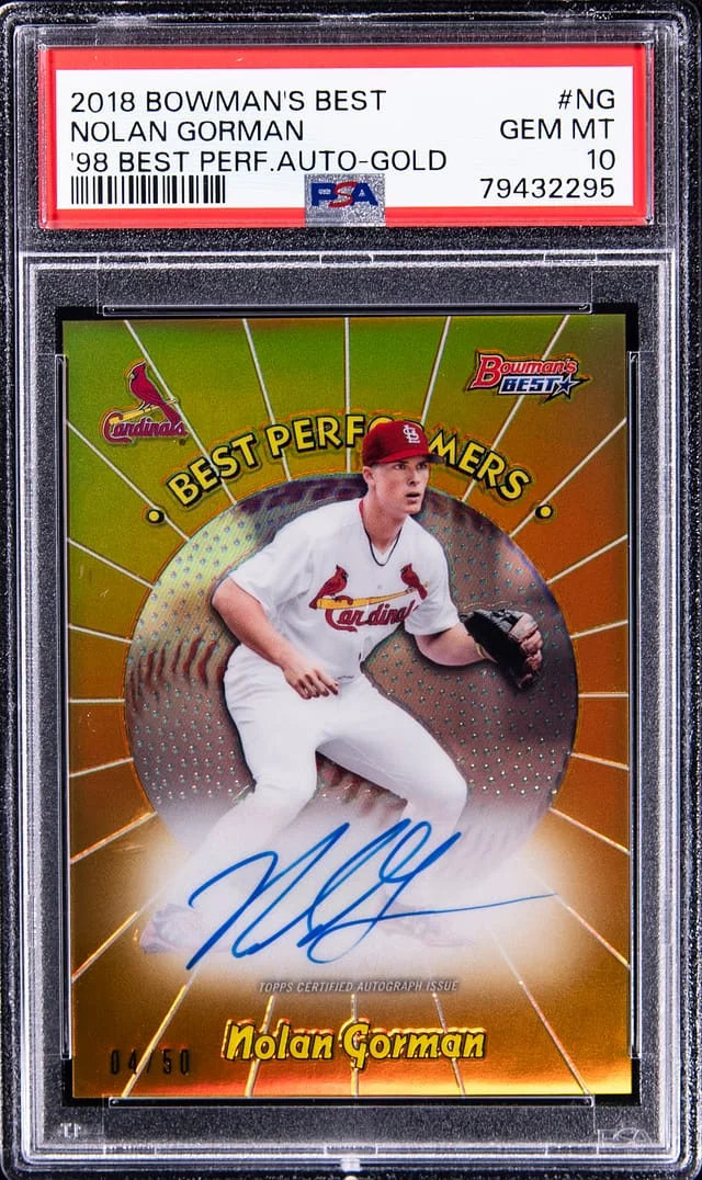 2018 Bowman's Best Nolan Gorman 98 Best Performers Autograph Gold #98BPA-NG card image