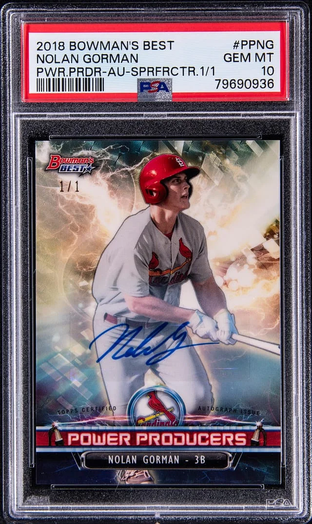 2018 Bowman's Best Nolan Gorman Power Producers Autographs SuperFractor #PP-NG card image