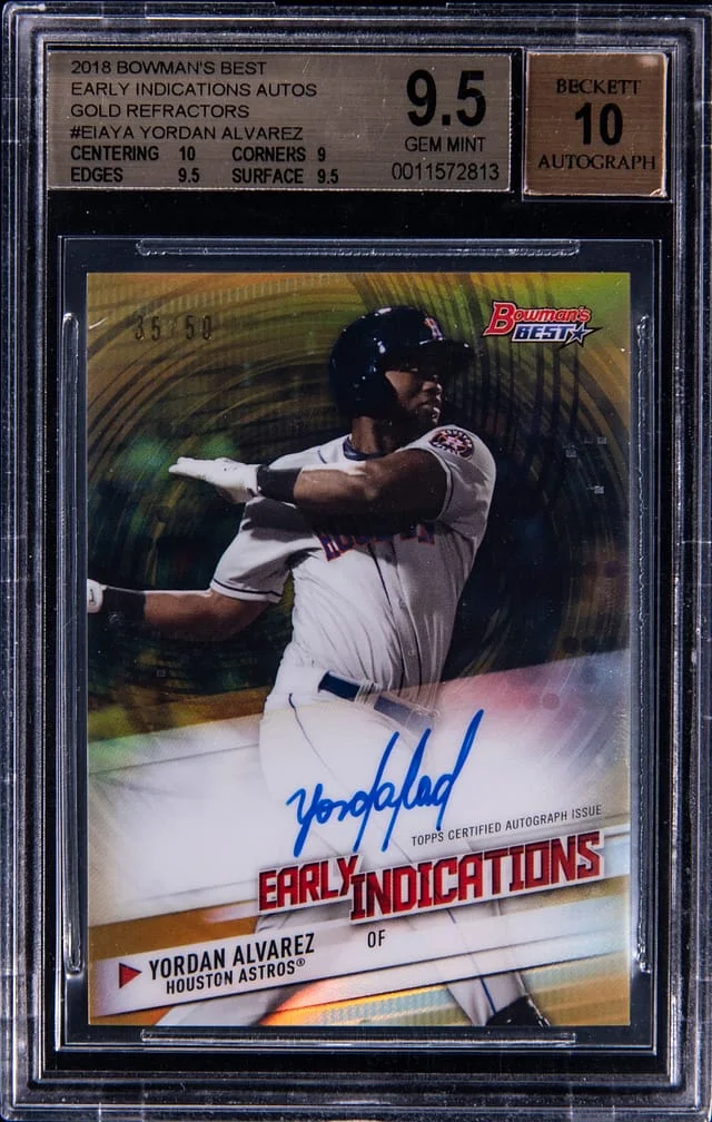 2018 Bowman's Best Yordan Alvarez Early Indications Autographs Gold Refractor #EIAYA card image