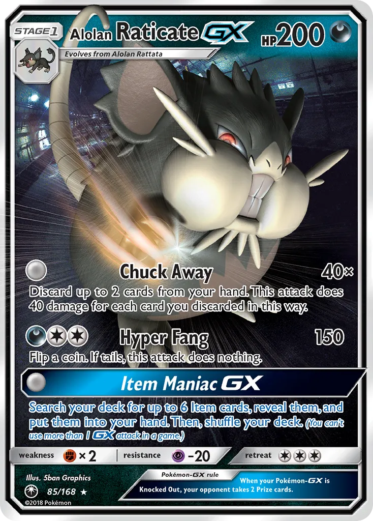 2018 Celestial Storm Alolan Raticate-GX #085/168 Rare Holo GX card image