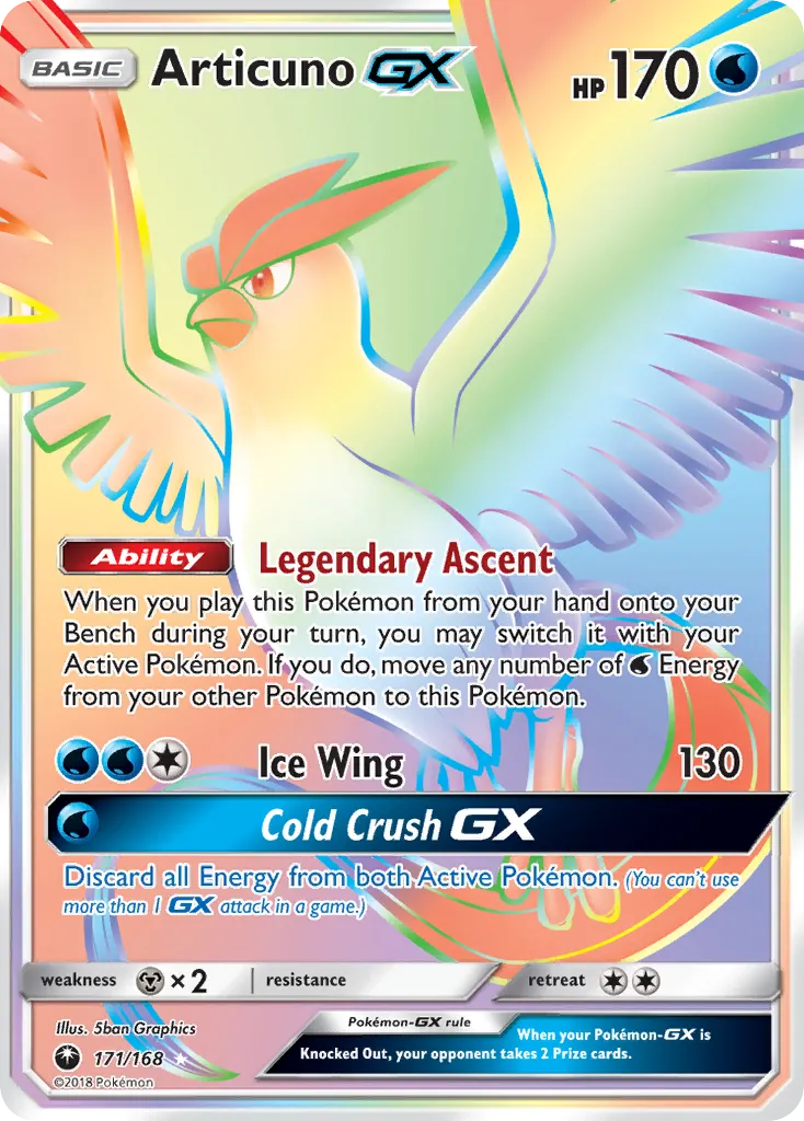 2018 Celestial Storm Articuno-GX #171/168 Rare Rainbow card image
