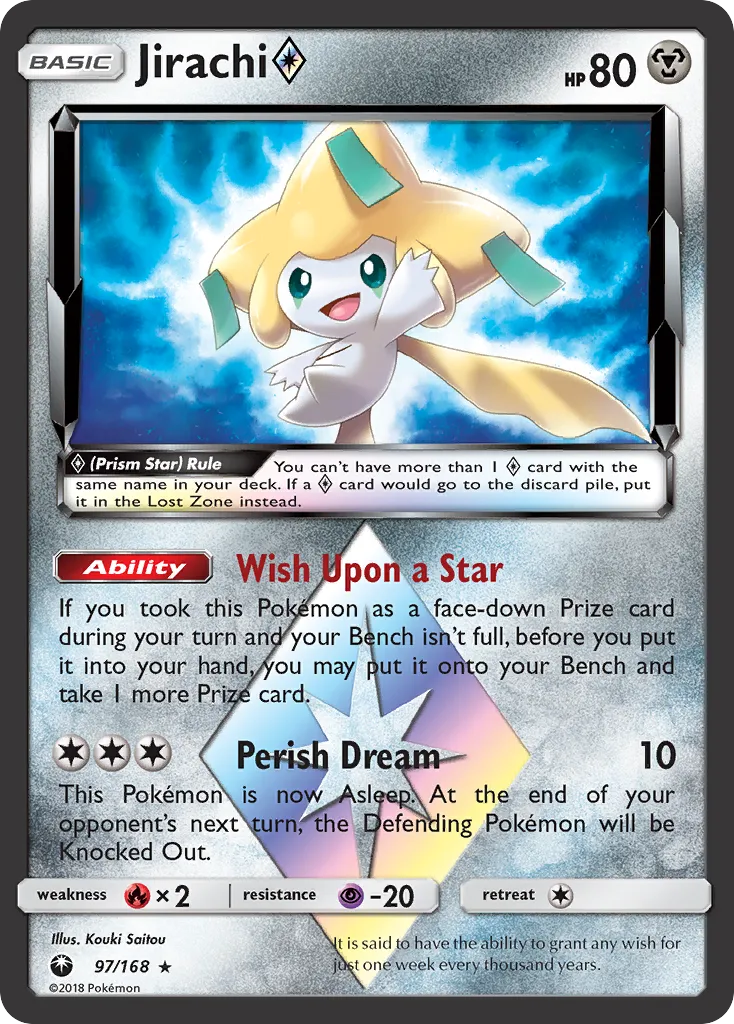 2018 Celestial Storm Jirachi ◇ #097/168 Rare Prism Star card image