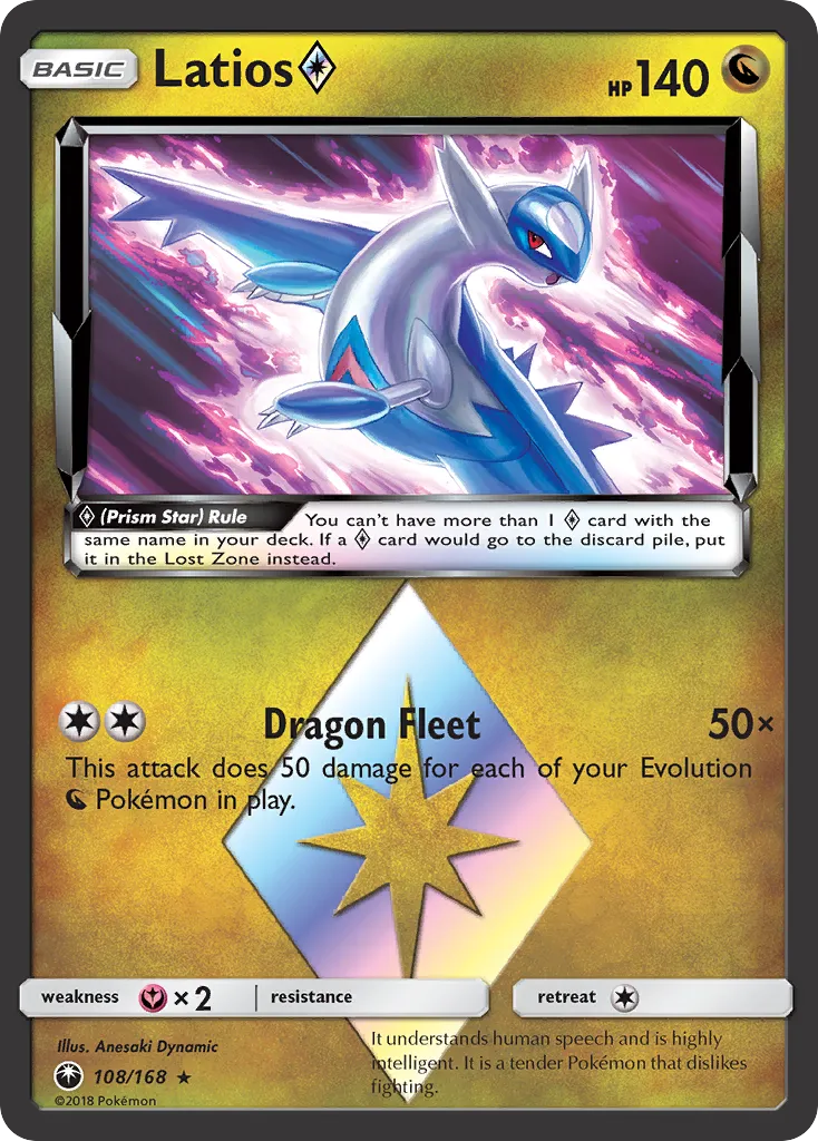 2018 Celestial Storm Latios ◇ #108/168 Rare Prism Star card image