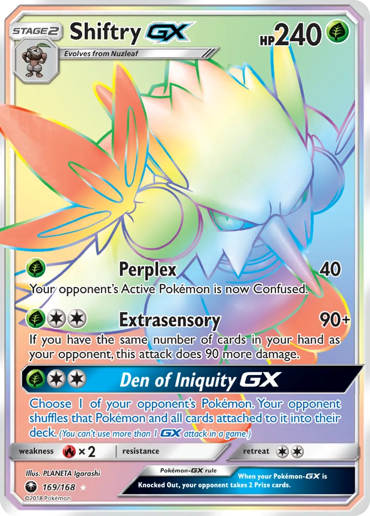 2018 Celestial Storm Shiftry-GX #169/168 Rare Rainbow card image