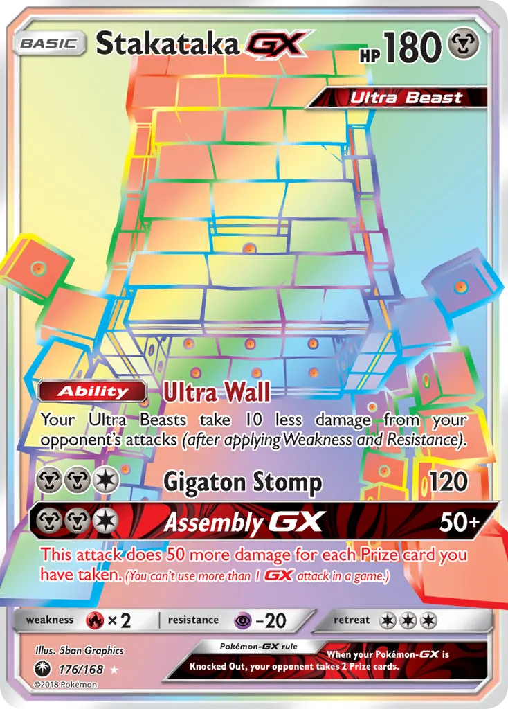 2018 Celestial Storm Stakataka-GX #176/168 Rare Rainbow card image