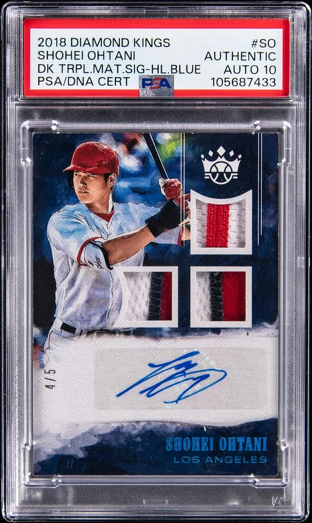 2018 Donruss Diamond Kings Shohei Ohtani Triple Materials Signatures Holo Blue #TMS-SO card image