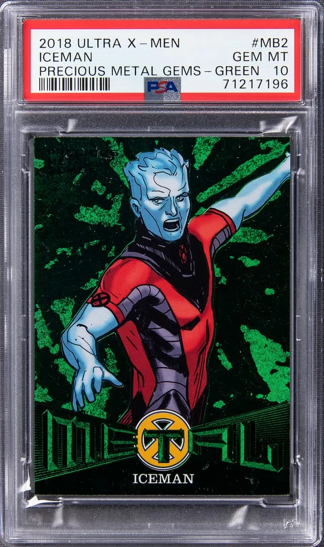 2018 Fleer Ultra X-Men Iceman Metal Blasters Precious Metal Gems (PMG) Green #MB2 card image