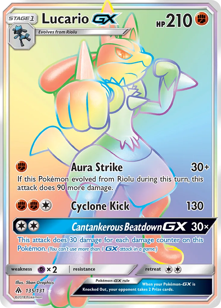 2018 Forbidden Light Lucario-GX #135/131 Rare Rainbow card image