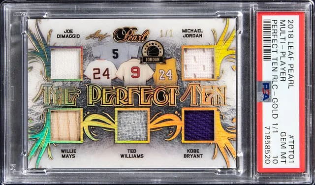 2018 Leaf Brady/Lee/Montana/Ali/Tyson/DiMaggio/Jordan/Mays/Williams/Bryant Pearl The Perfect Ten Relic Gold #TPT-01 card image