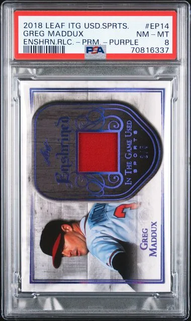 2018 Leaf Greg Maddux Game-Used In The Game Used Sports Enshrined Relic Prime Purple #EP14 card image