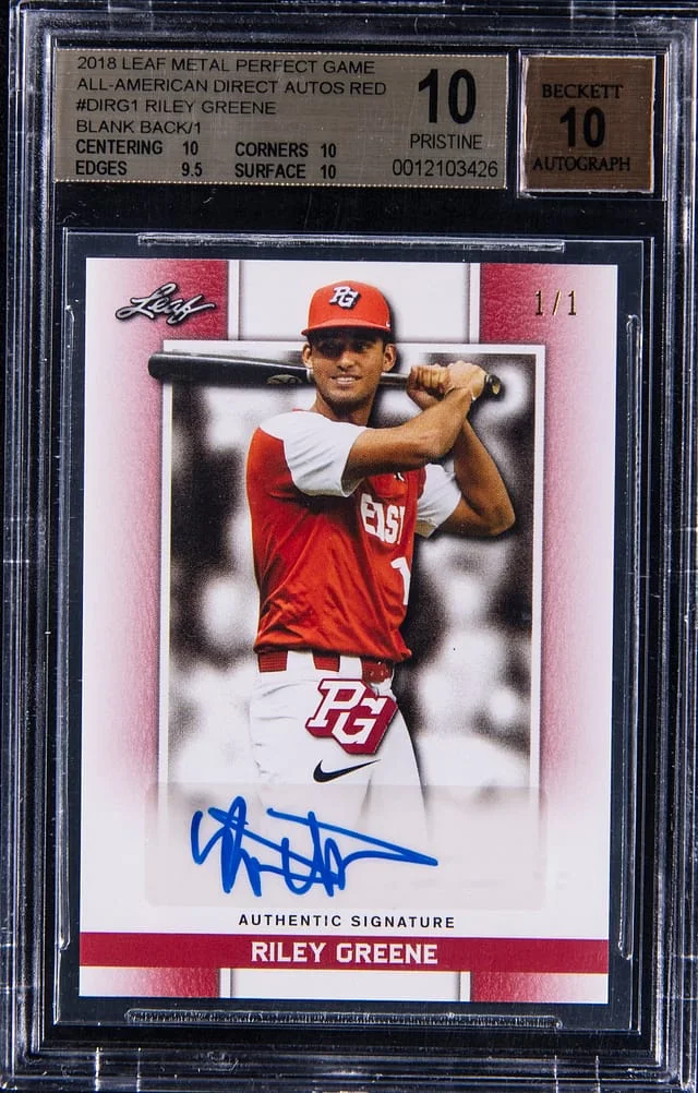 2018 Leaf Metal Perfect Game All-American Direct Autos Red Blank Back Riley Greene #no-number card image