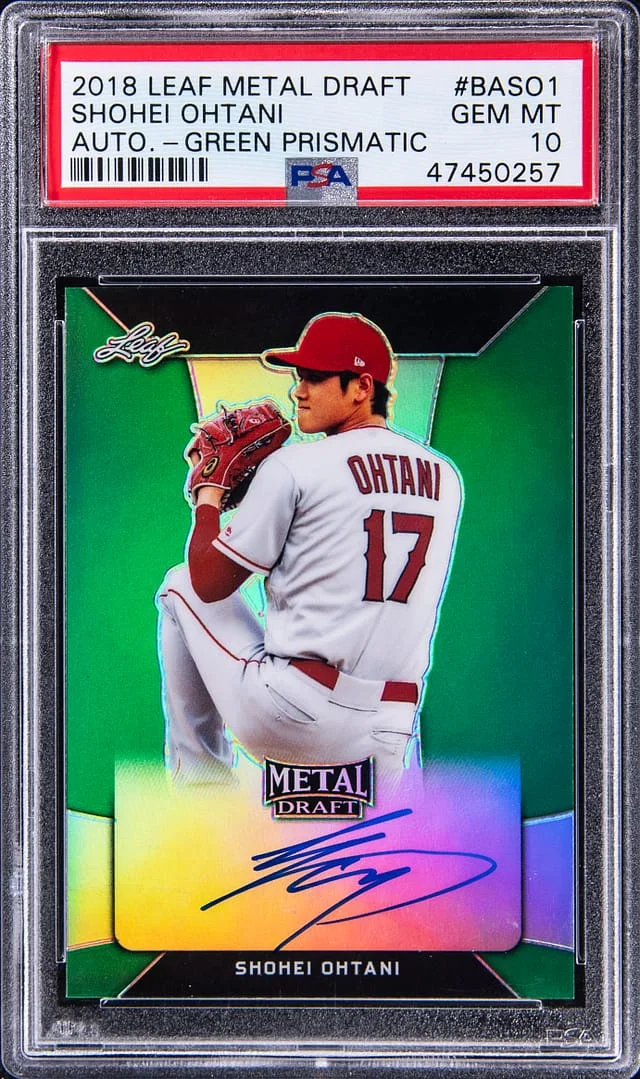 2018 Leaf Metal Shohei Ohtani Draft Autograph Green Prismatic #BA-SO1 card image