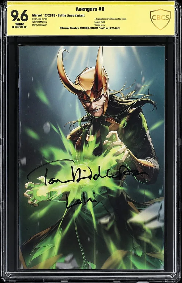2018 Marvel) - CBCS 9.6 - Signed, Inscribed by Tom Hiddleston, Appearance of Defenders of the Deep, Virgin Cover #1st card image