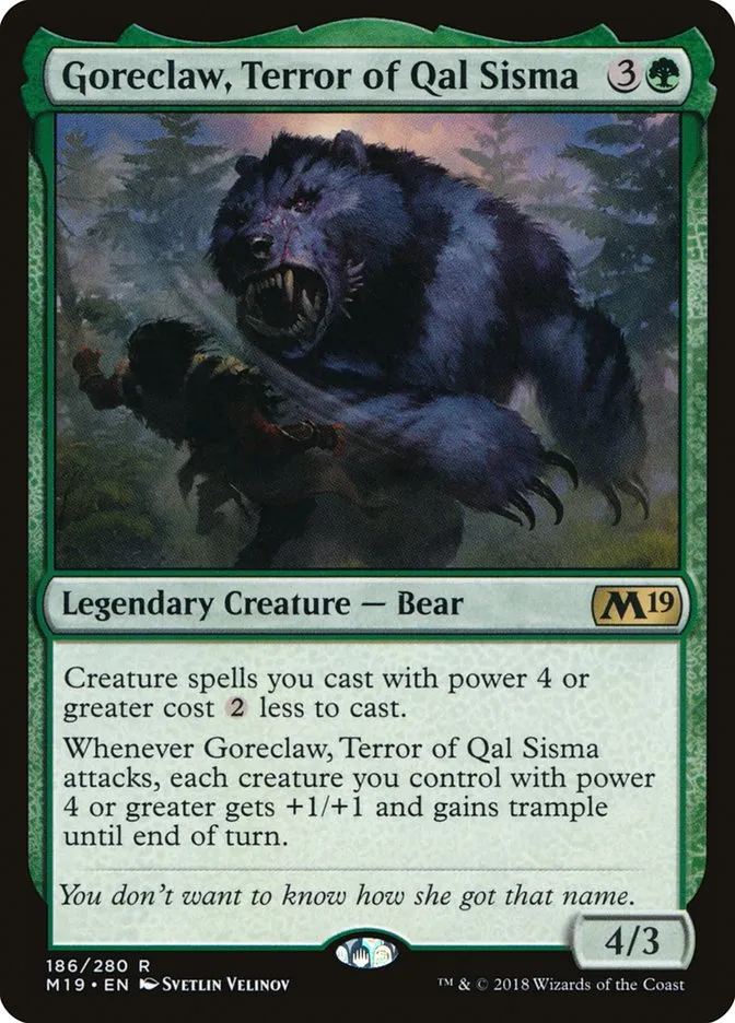 2018 Core Set 2019 Goreclaw, Terror of Qal Sisma [Planeswalker Stamped] rare #186 rare card image