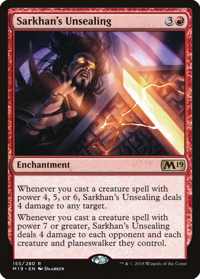 2018 Core Set 2019 Sarkhan's Unsealing #155 rare card image