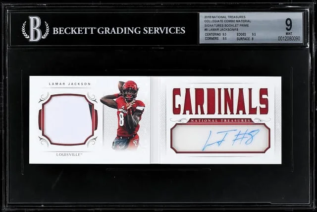 2018 National Treasures Lamar Jackson Collegiate Combo Material Signatures Booklet Prime #8 card image