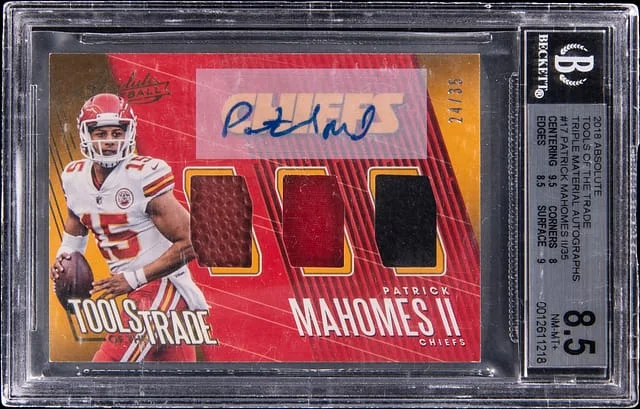 2018 Panini Absolute Patrick Mahomes II Tools of the Trade Triple Materials Autographs #TT-PM card image