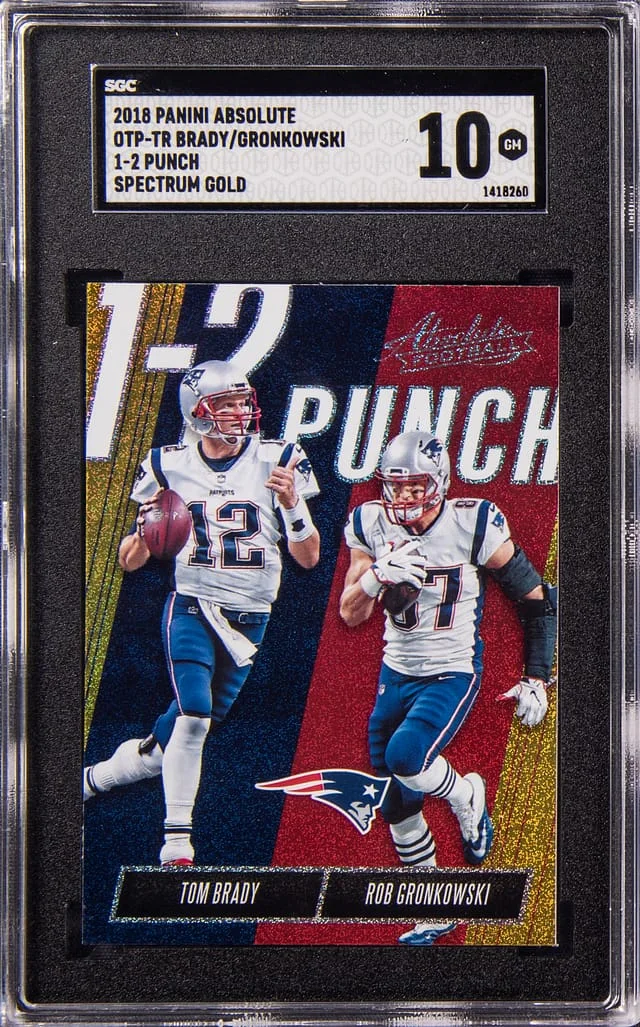 2018 Panini Absolute Tom Brady/Rob Gronkowski 1-2 Punch Spectrum Gold #OTP-TR card image