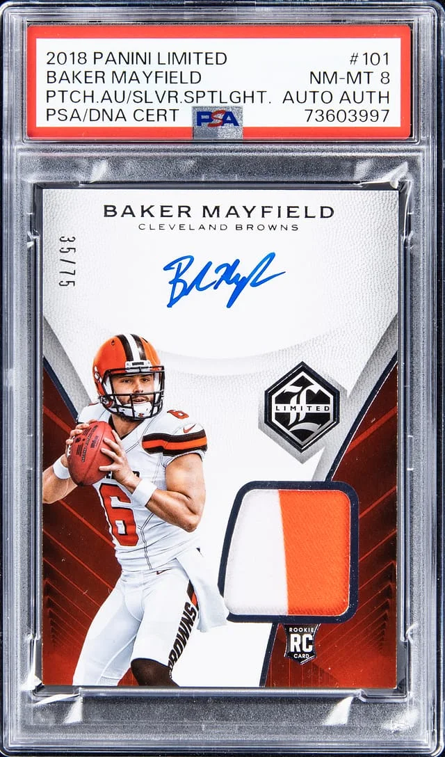 2018 Panini Baker Mayfield Limited Patch Autograph (RPA) Silver Spotlight #101 card image