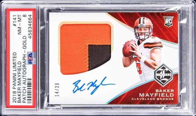 2018 Panini Baker Mayfield Limited Patch Autograph (RPA) Gold #141 card image