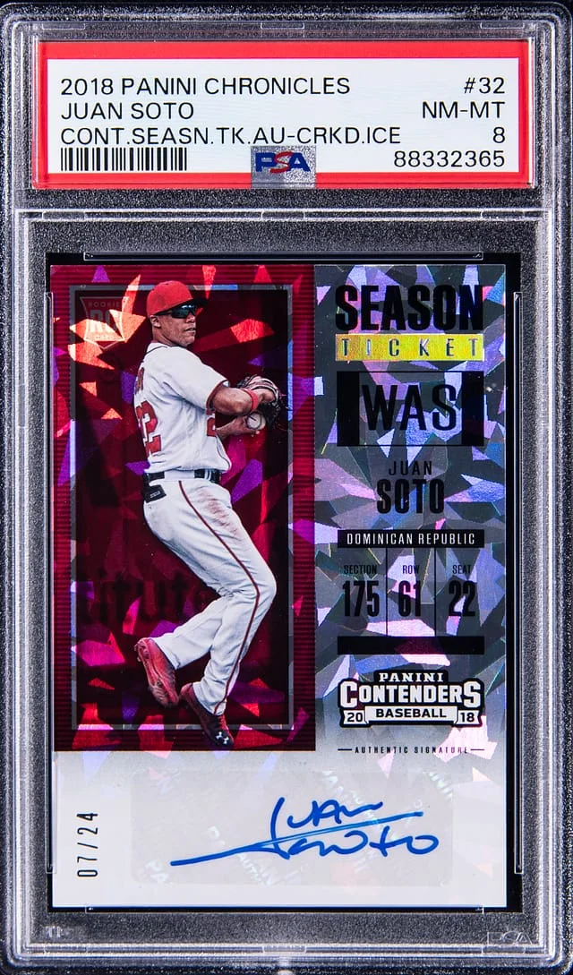 2018 Panini Chronicles Juan Soto Contenders Season Ticket Autograph Cracked Ice #32 card image