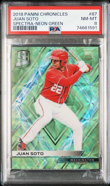 2018 Panini Chronicles Juan Soto Spectra Neon Blue #87 card image