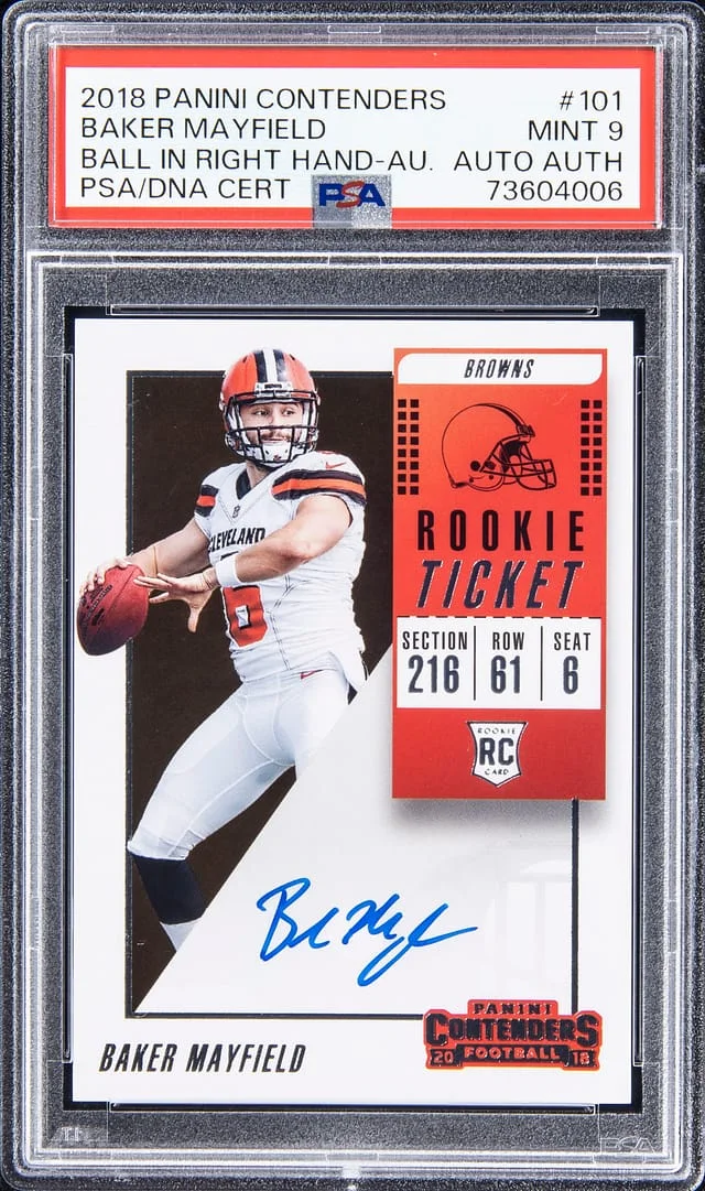 2018 Panini Contenders Baker Mayfield, Ball In Right Hand Ticket Autograph #101 card image