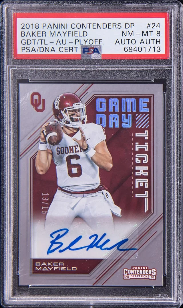 2018 Panini Contenders Draft Picks Baker Mayfield Game Day Ticket Towel-Autograph-Playoff #24 card image