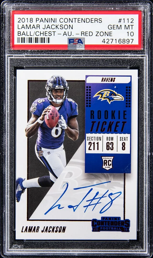 2018 Panini Contenders Lamar Jackson, Ball at Chest Ticket Autograph Red Zone #112 card image