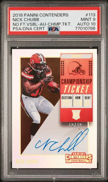 2018 Panini Contenders Nick Chubb No Feet Visible-Autograph-Championship Ticket #113 card image