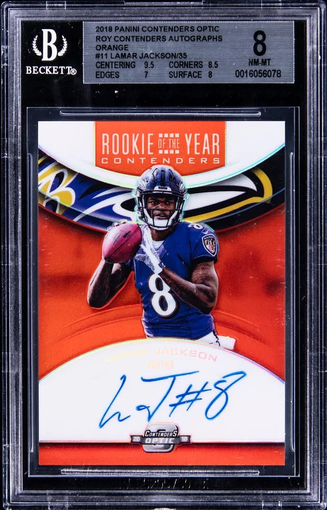2018 Panini Contenders Optic Lamar Jackson ROY Contenders Autograph Orange #RYA-LJ card image