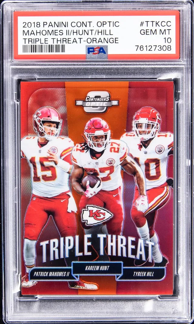 2018 Panini Contenders Optic Patrick Mahomes II/Kareem Hunt/Tyreek Hill Triple Threat Blue Prizm #TT-KCC card image
