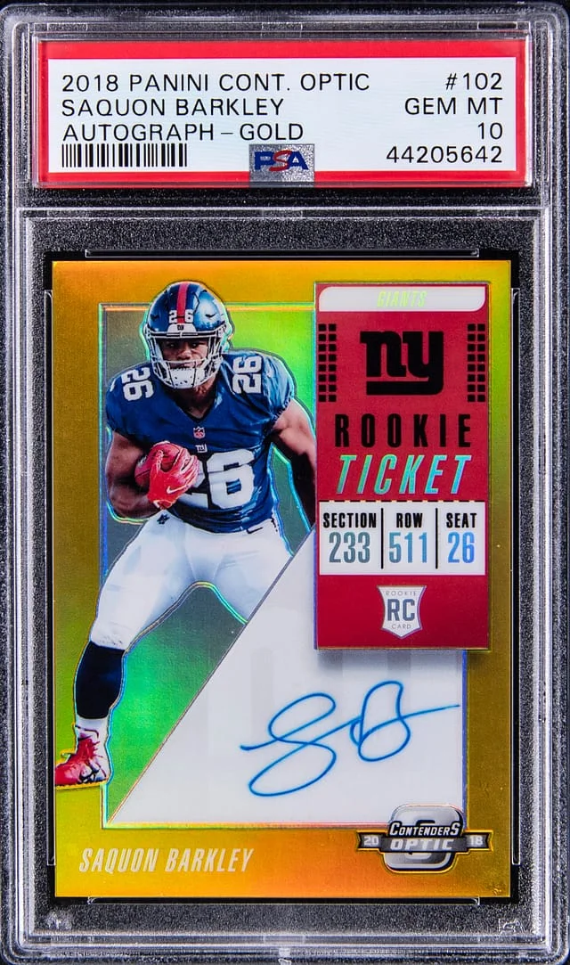 2018 Panini Contenders Optic Saquon Barkley Ticket Autograph Gold #102 card image