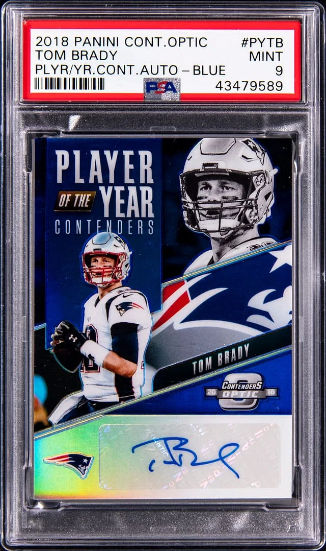 2018 Panini Contenders Optic Tom Brady Player of the Year Contenders Autographs Blue Prizm #PY-TB card image