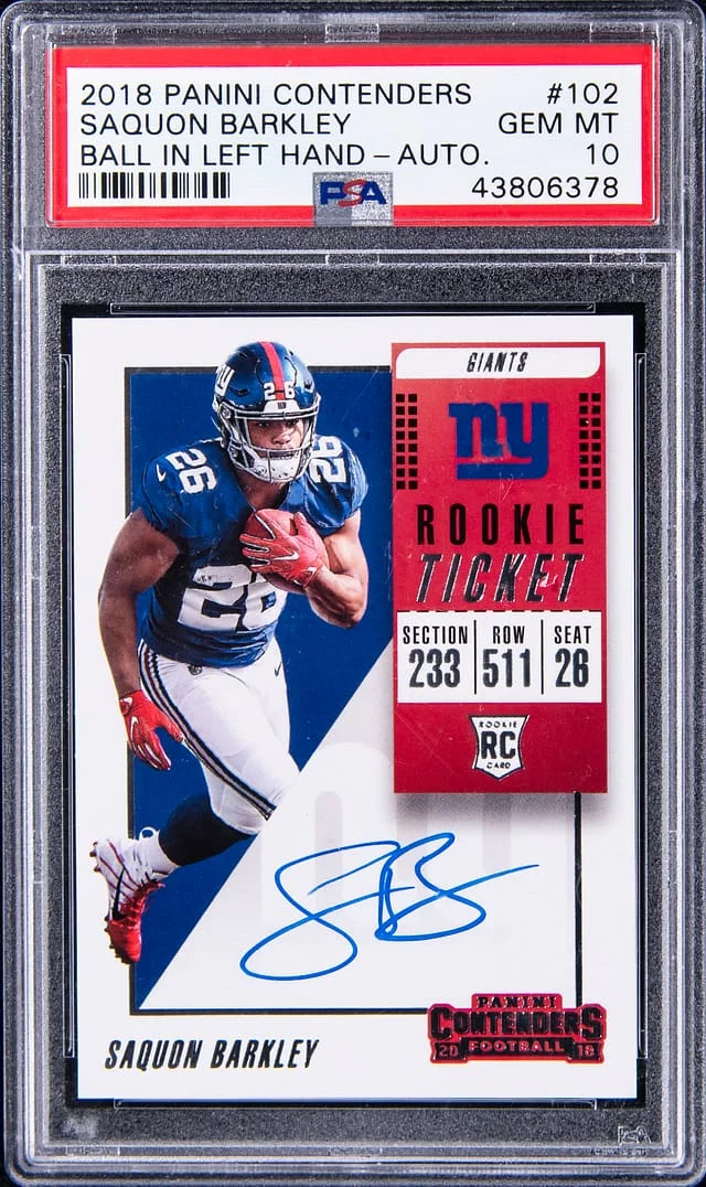 2018 Panini Contenders Saquon Barkley (Ball in Left Hand) Autograph #102 card image