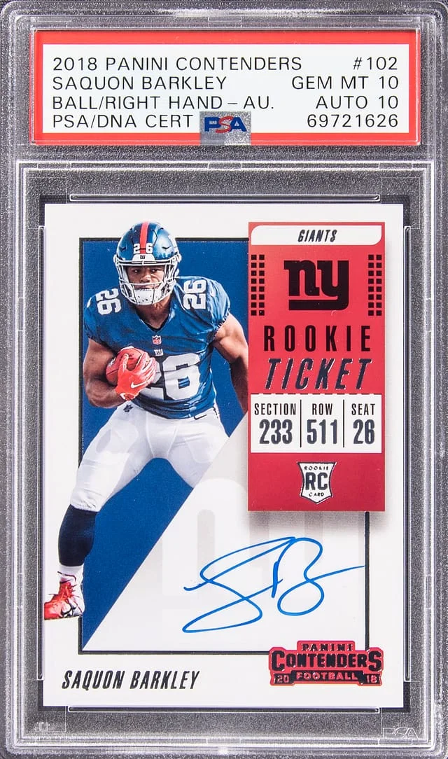 2018 Panini Contenders Saquon Barkley, Ball In Right Hand Ticket Autograph #102 card image