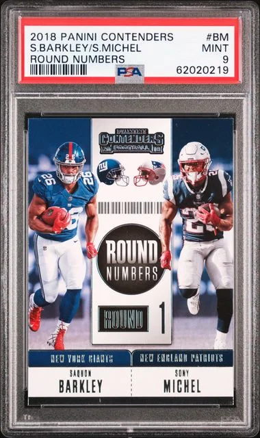2018 Panini Contenders Saquon Barkley /Sony Michel Round Numbers #BM card image