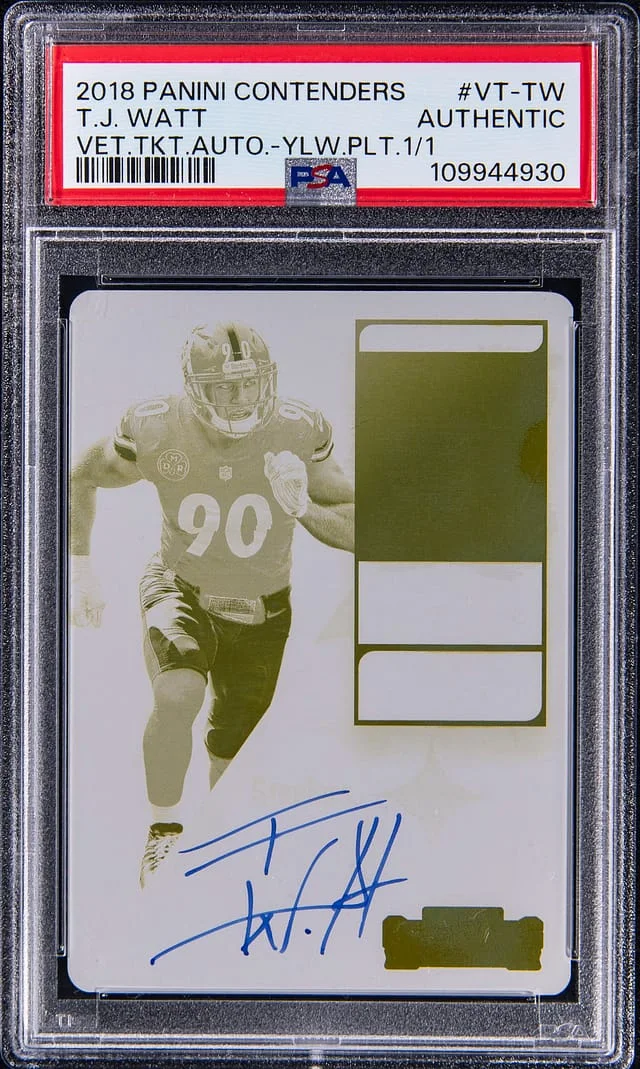 2018 Panini Contenders T.J. Watt Veteran Ticket Autographs-Yellow Plate 1/1 #VT-TW card image