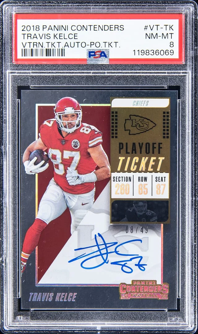 2018 Panini Contenders Travis Kelce Veteran Ticket Autograph Playoff Ticket #VT-TK card image
